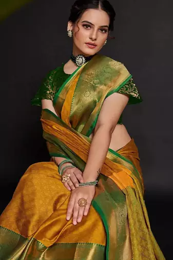Gold blended cotton woven zari work saree with blouse