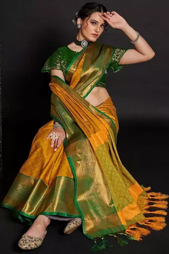 Gold blended cotton woven zari work saree with blouse
