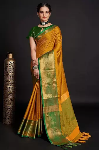 Gold blended cotton woven zari work saree with blouse