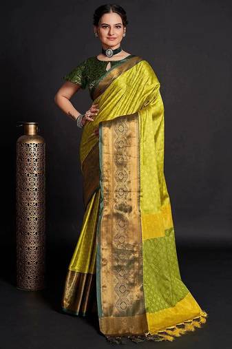 Green blended cotton woven zari work saree with blouse
