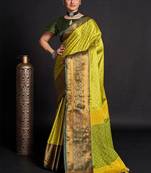 Green blended cotton woven zari work saree with blouse