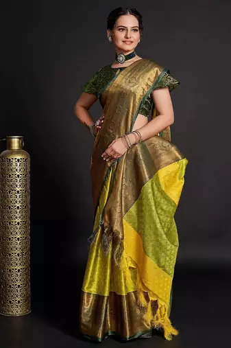 Green blended cotton woven zari work saree with blouse