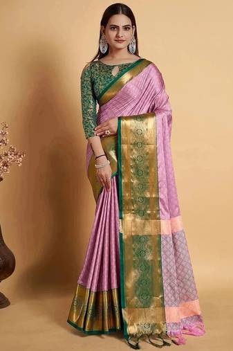 Pink green blended cotton woven zari work saree with blouse