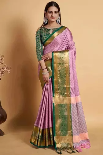 Pink green blended cotton woven zari work saree with blouse