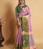 Pink green blended cotton woven zari work saree with blouse