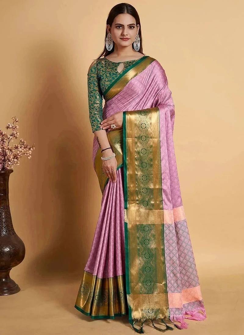 Pink green blended cotton woven zari work saree with blouse