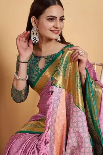 Pink green blended cotton woven zari work saree with blouse