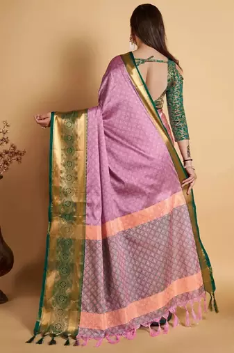 Pink green blended cotton woven zari work saree with blouse