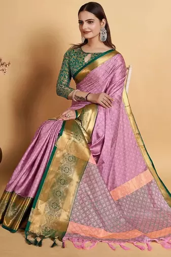 Pink green blended cotton woven zari work saree with blouse