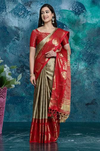 Beige pure silk woven zari work saree with blouse