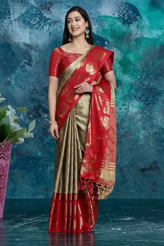 Beige pure silk woven zari work saree with blouse