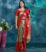 Beige pure silk woven zari work saree with blouse
