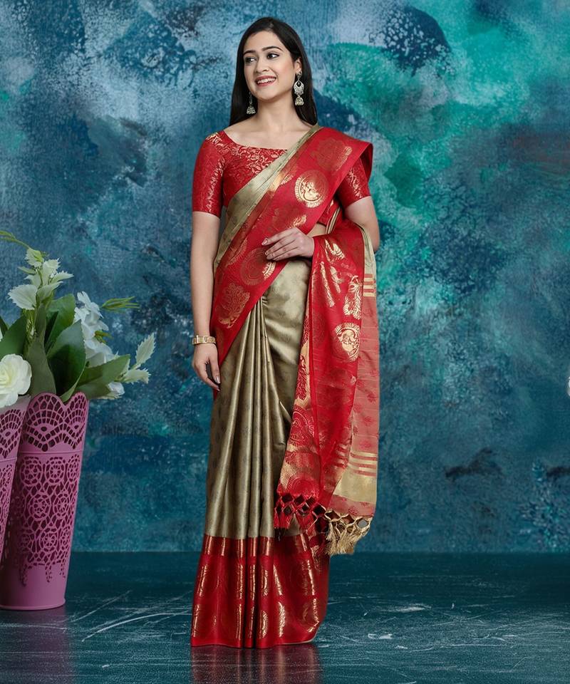 Beige pure silk woven zari work saree with blouse