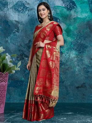 Beige pure silk woven zari work saree with blouse 2