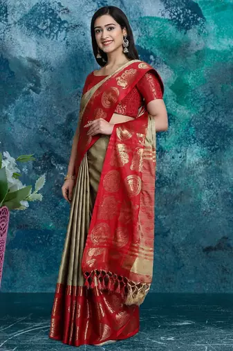 Beige pure silk woven zari work saree with blouse