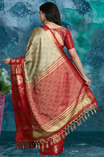 Beige pure silk woven zari work saree with blouse