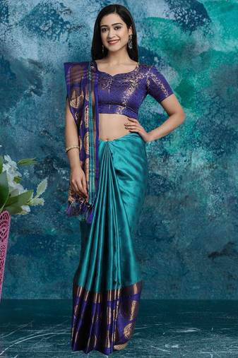 Light blue pure silk woven zari work saree with blouse