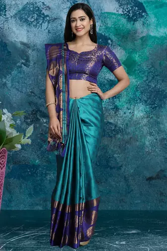 Light blue pure silk woven zari work saree with blouse