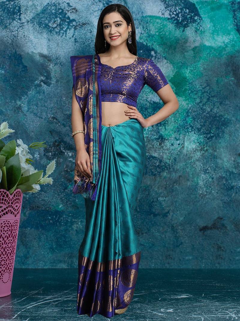 Light blue pure silk woven zari work saree with blouse