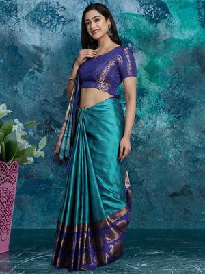 Light blue pure silk woven zari work saree with blouse 2