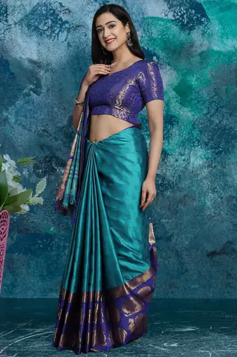 Light blue pure silk woven zari work saree with blouse