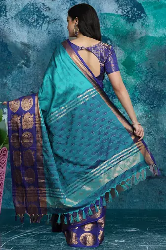 Light blue pure silk woven zari work saree with blouse