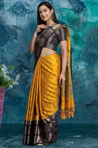 Gold pure silk woven zari work saree with blouse