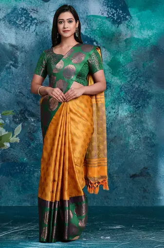 Gold pure silk woven zari work saree with blouse