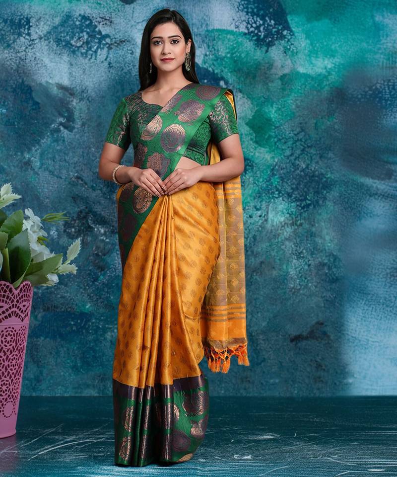 Gold pure silk woven zari work saree with blouse