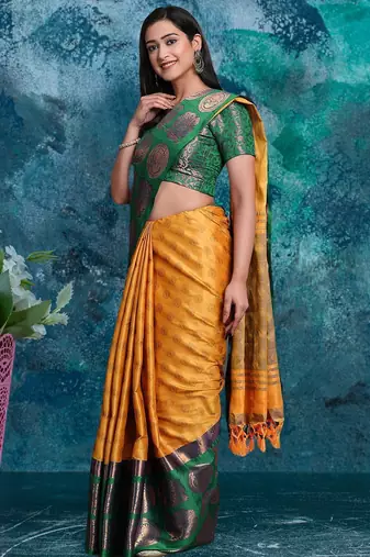 Gold pure silk woven zari work saree with blouse