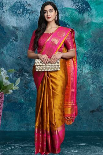 Gold pure silk woven zari work saree with blouse