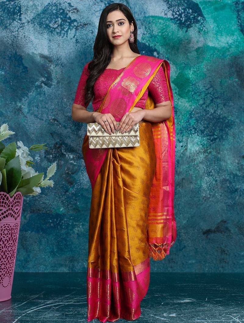 Gold pure silk woven zari work saree with blouse