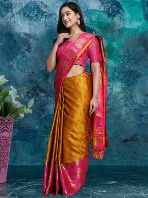 Gold pure silk woven zari work saree with blouse 2