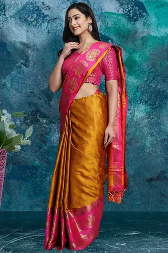 Gold pure silk woven zari work saree with blouse
