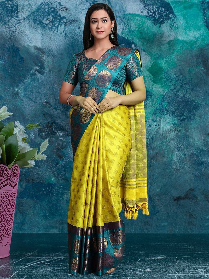 Light green pure silk woven zari work saree with blouse