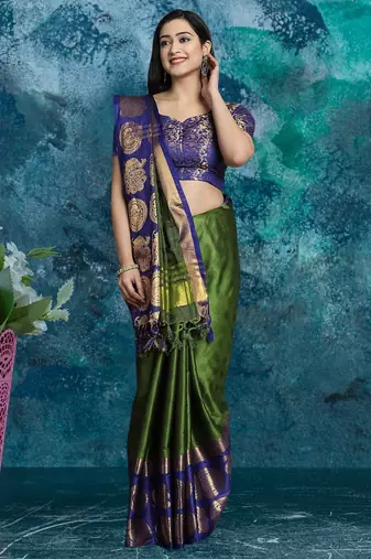 Dark green pure silk woven zari work saree with blouse