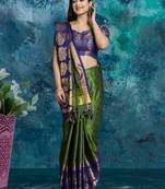 Dark green pure silk woven zari work saree with blouse