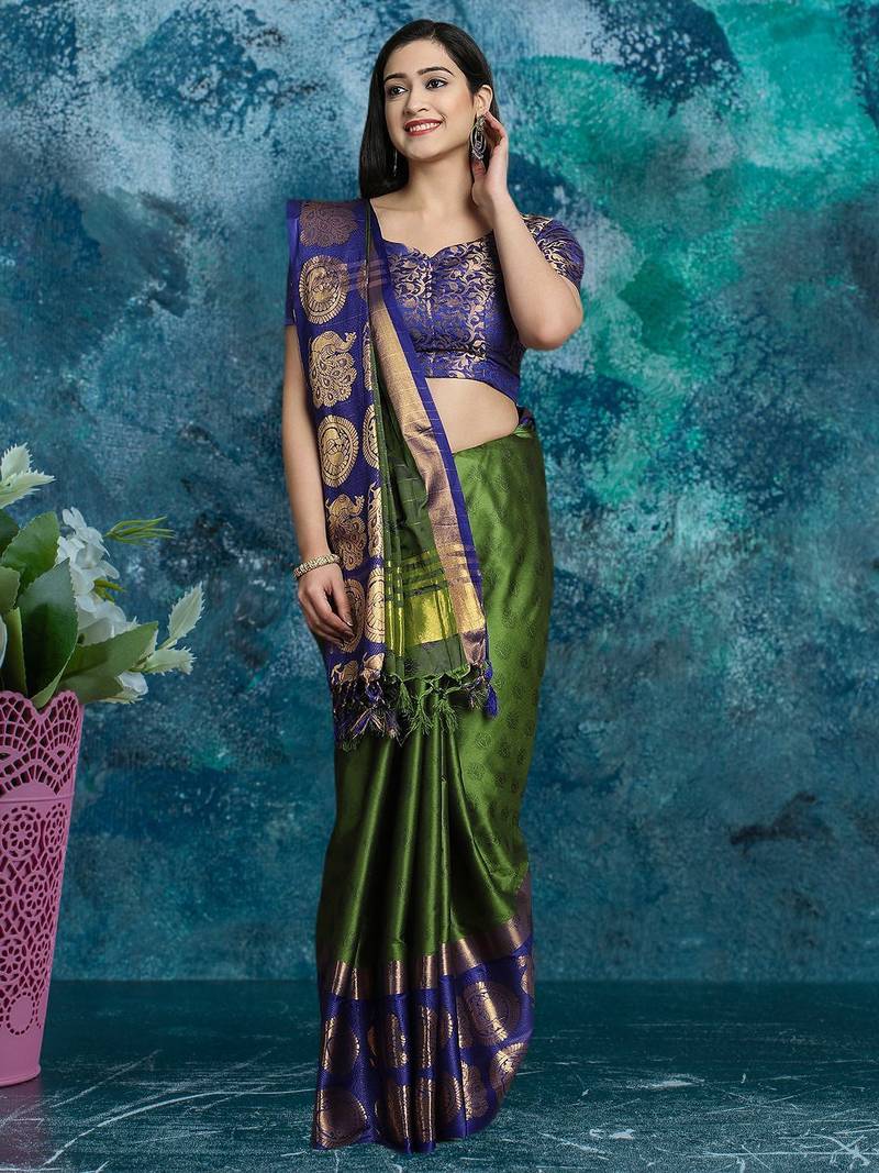 Dark green pure silk woven zari work saree with blouse