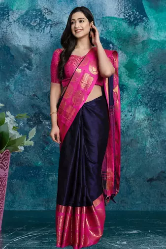 Dark blue pure silk woven zari work saree with blouse