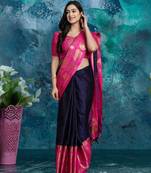 Dark blue pure silk woven zari work saree with blouse