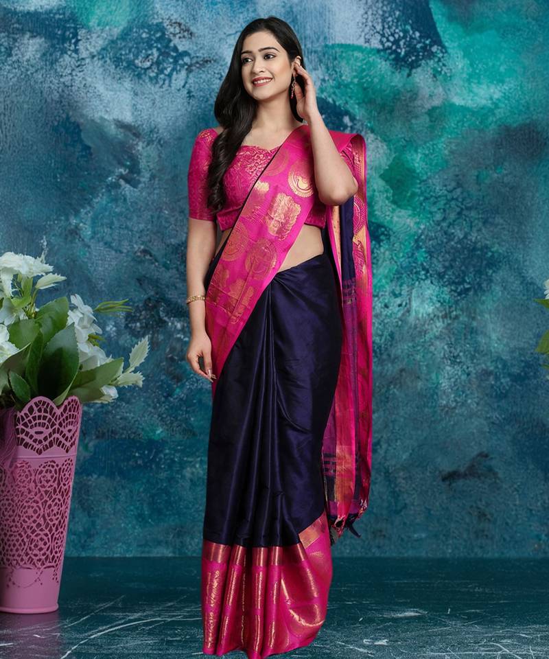 Dark blue pure silk woven zari work saree with blouse