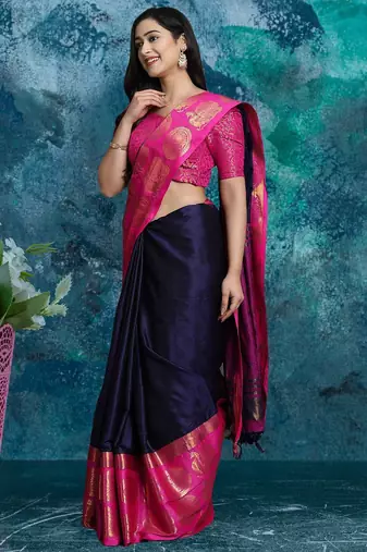 Dark blue pure silk woven zari work saree with blouse
