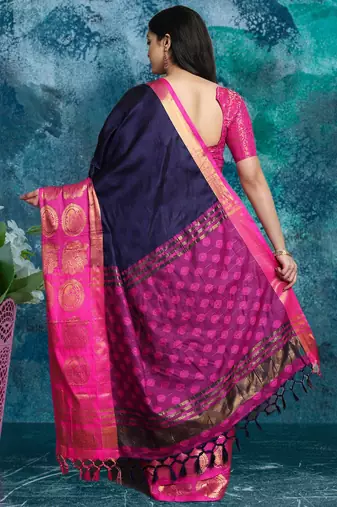 Dark blue pure silk woven zari work saree with blouse