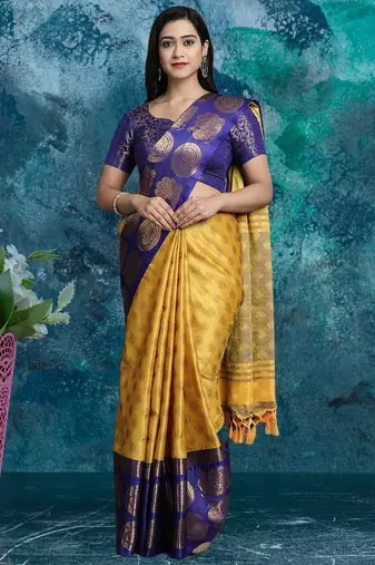 Yellow pure silk woven zari work saree with blouse