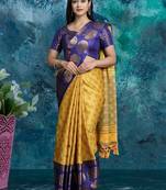 Yellow pure silk woven zari work saree with blouse