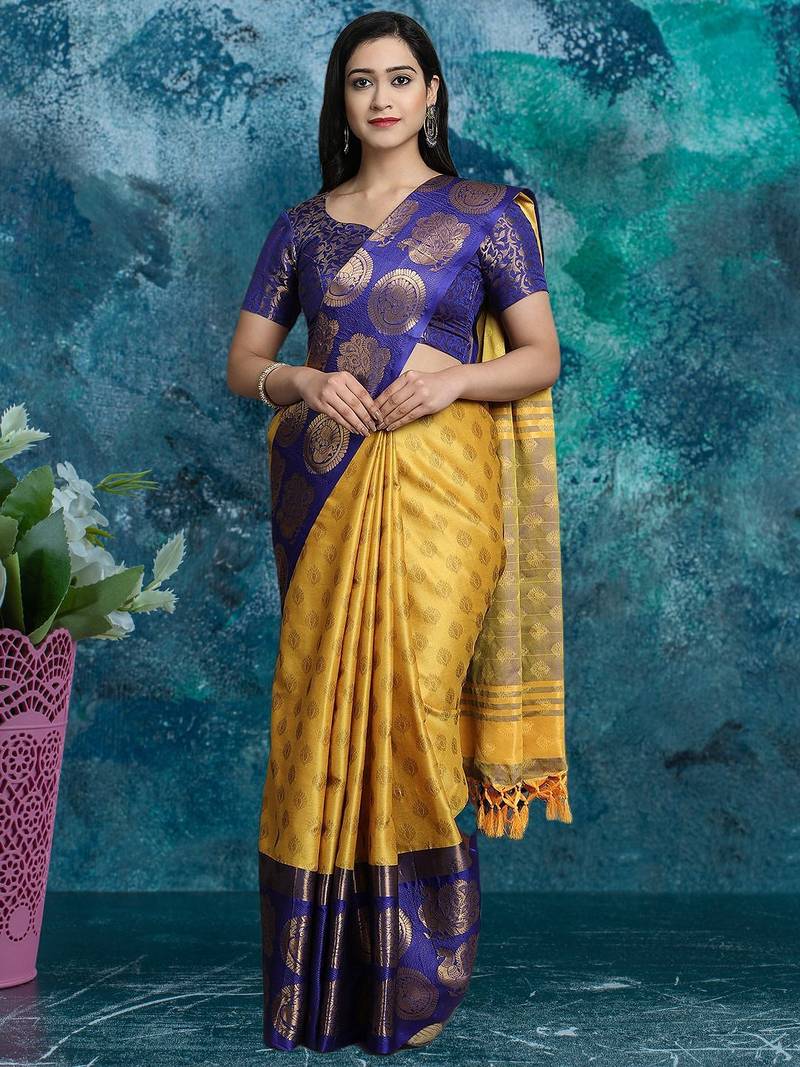 Yellow pure silk woven zari work saree with blouse