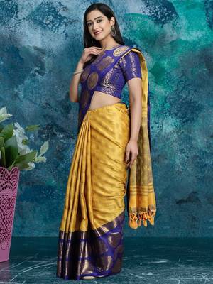 Yellow pure silk woven zari work saree with blouse 2
