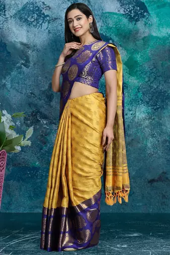 Yellow pure silk woven zari work saree with blouse