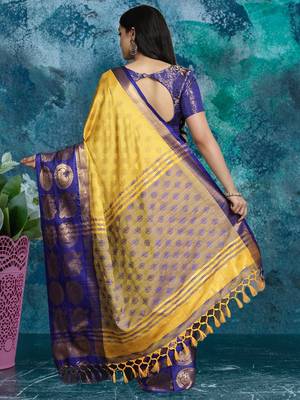 Yellow pure silk woven zari work saree with blouse 3