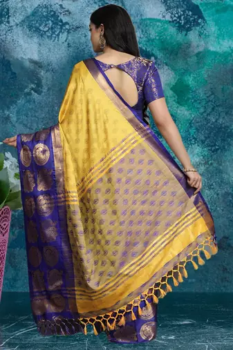 Yellow pure silk woven zari work saree with blouse